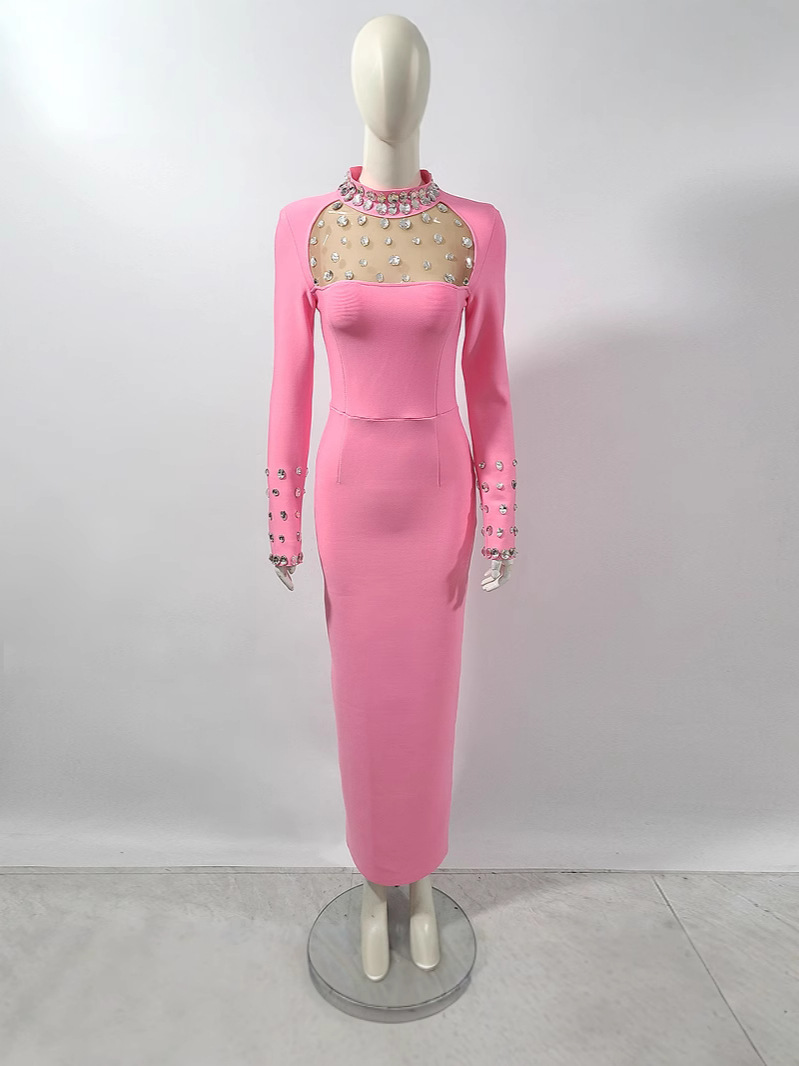 Sparkly Rhinestone Club Party Dress - Women Sparkly Rhinestone Trim Mesh Cutout