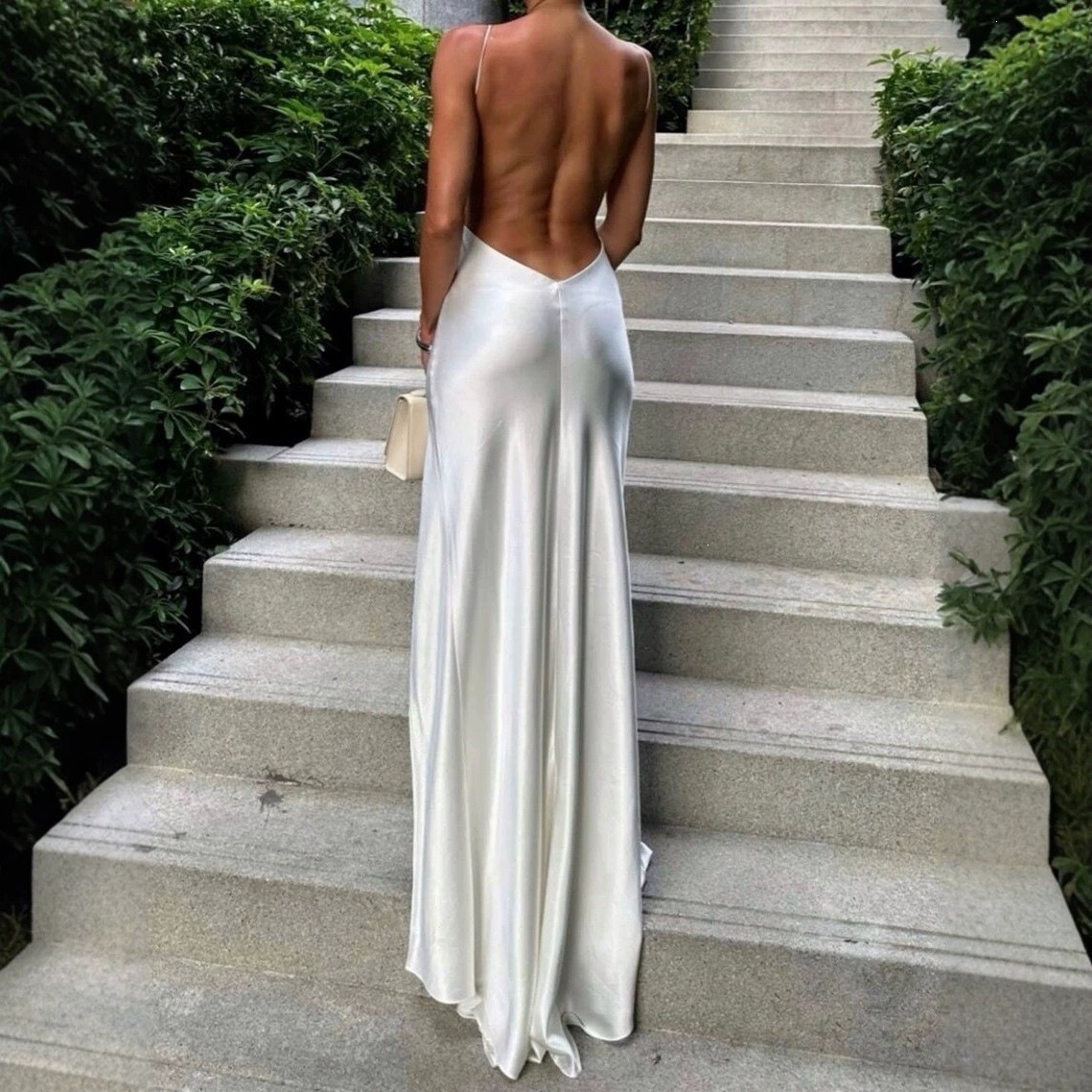 White Satin Maxi Evening Dress - огляд і ціна Elegant Satin Evening Gown Split
