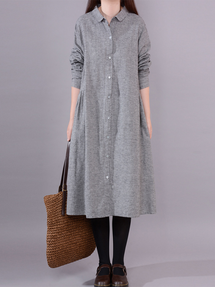 Women's Long Sleeve Cotton Lin - огляд і ціна Korean Style A Line Shirt Dress